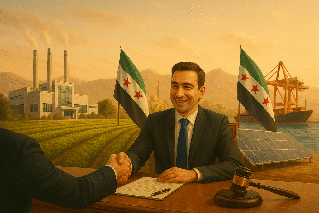 Panoramic landscape representing Syria’s diverse investment sectors, including industry, agriculture, renewable energy, and maritime trade.